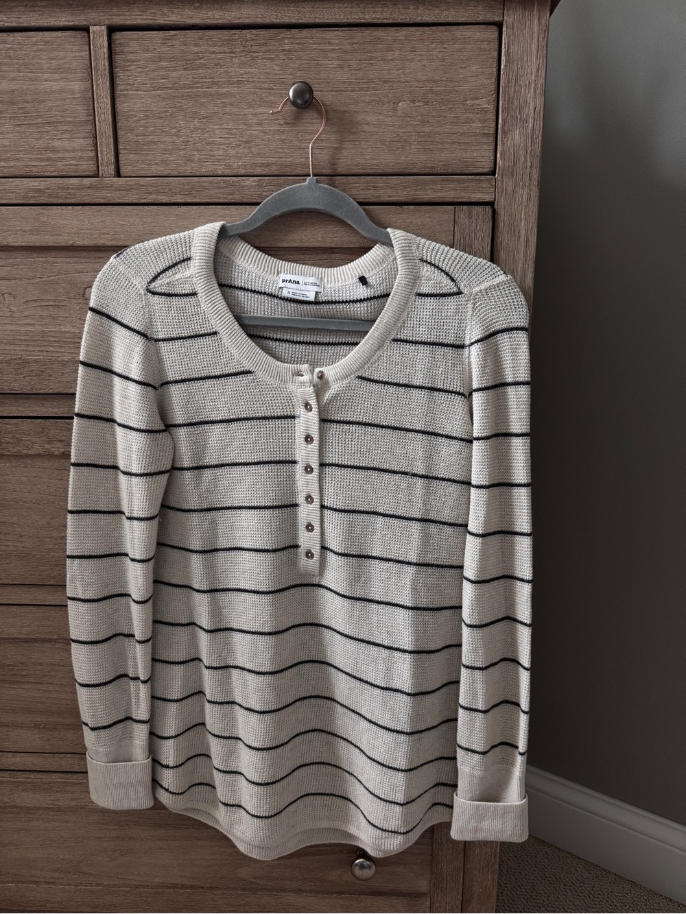 Prana Cream and Black Striped Henley Crew Sweater
